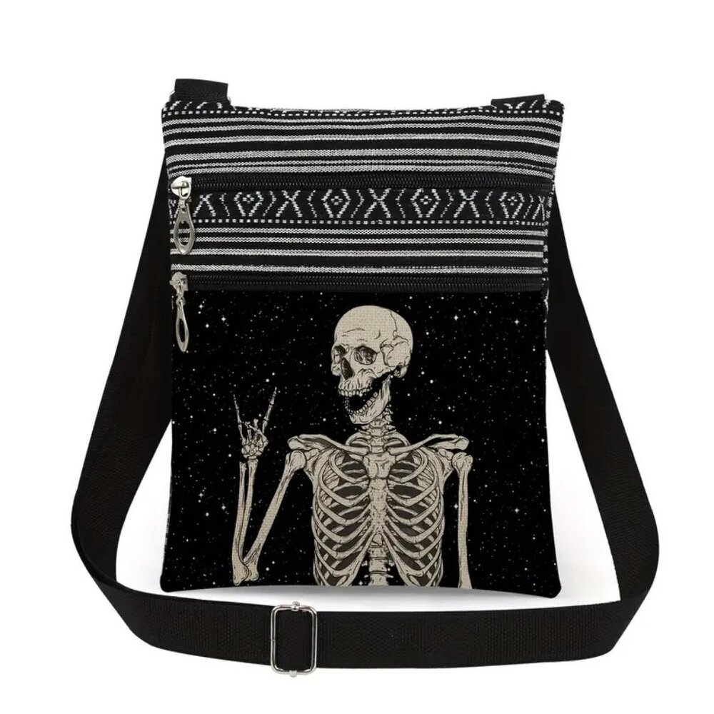 Womans Crossbody Lightweight Fall/Halloween Bag. Adjustable Strap. Skeleton. New